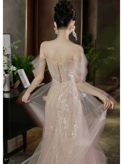 Elegant Ball Gown Off The Shoulder Sequin Blush Pink Long Prom Dresses Party Formal Graduation Dress AU177