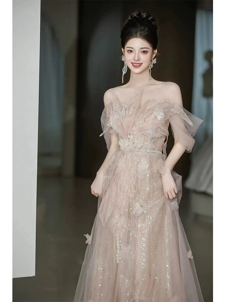 Elegant Ball Gown Off The Shoulder Sequin Blush Pink Long Prom Dresses Party Formal Graduation Dress AU177