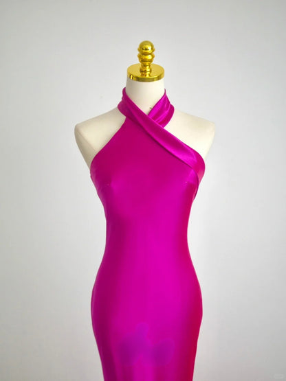 Pretty Mermaid Halter Neck Fuchsia Satin Prom Dresses Long Evening Party Formal Outfits RB6618