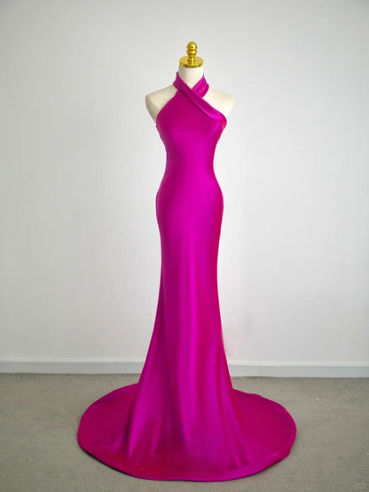Pretty Mermaid Halter Neck Fuchsia Satin Prom Dresses Long Evening Party Formal Outfits RB6618