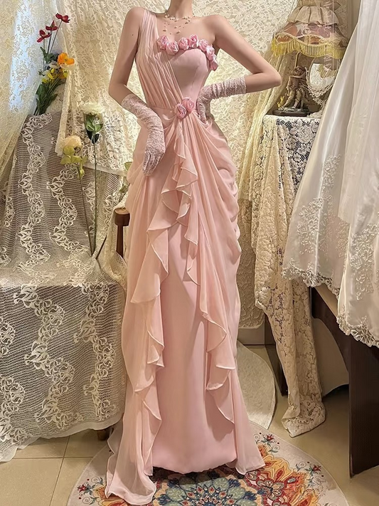 Chic A Line One Shoulder Pink Chiffon Sleeveless Prom Dresses Long Prom Gowns AU178