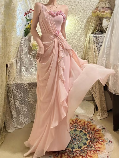 Chic A Line One Shoulder Pink Chiffon Sleeveless Prom Dresses Long Prom Gowns AU178
