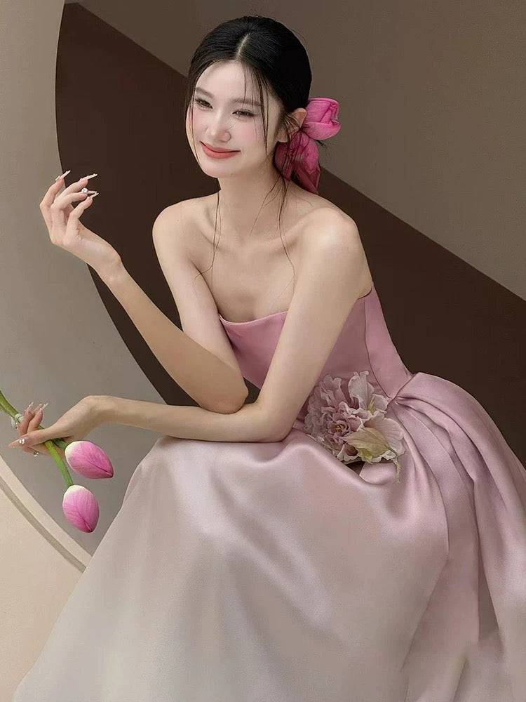 Beautiful Ball Gown Strapless Pink Satin Prom Dress Inspiration Long Party Formal Prom Dresses AU180