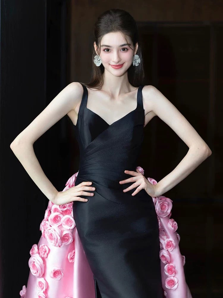 Sexy Mermaid Straps Black Satin Long Prom Dresses With Pink Flowers Party Dress Birthday Outfits Graduation Dress AU181