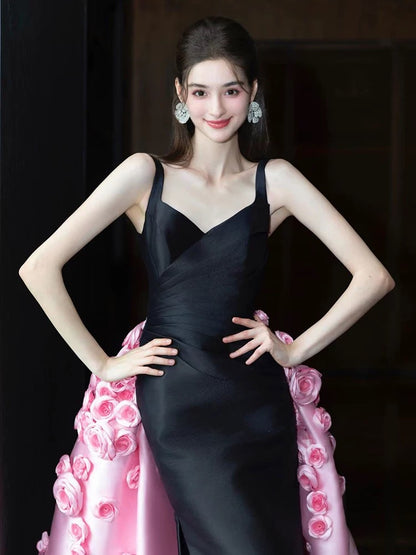Sexy Mermaid Straps Black Satin Long Prom Dresses With Pink Flowers Party Dress Birthday Outfits Graduation Dress AU181