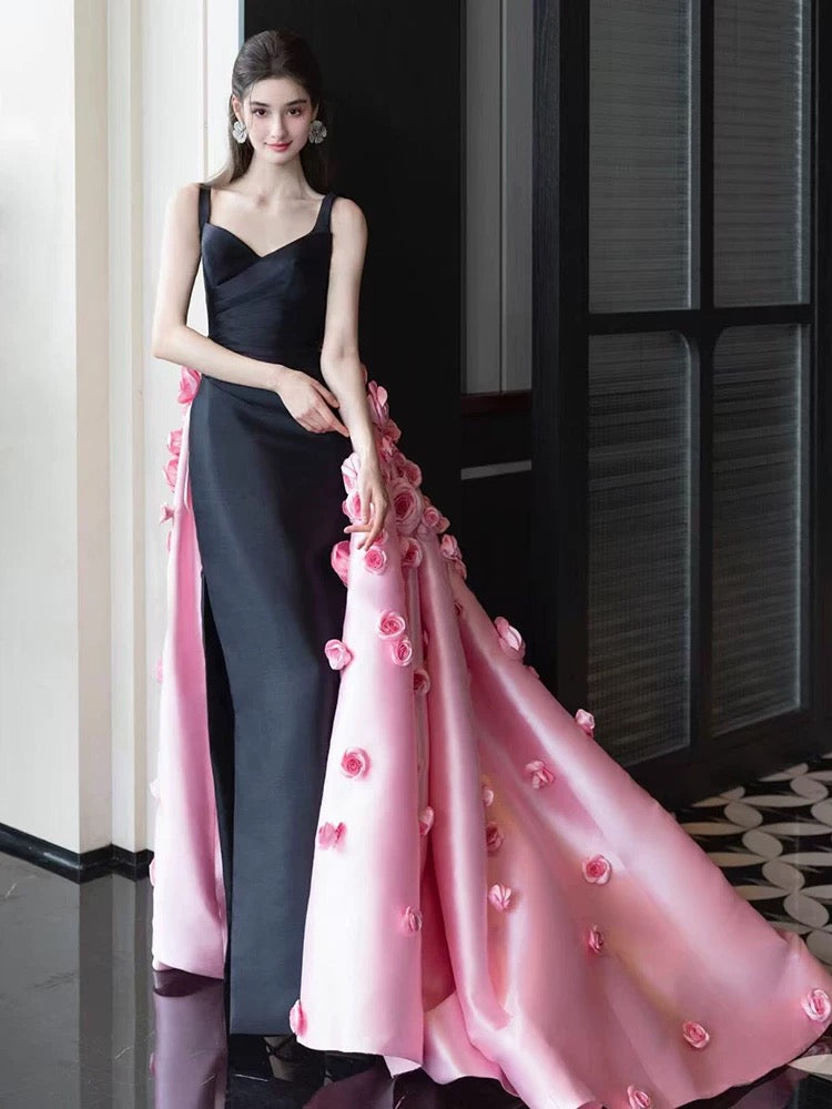 Sexy Mermaid Straps Black Satin Long Prom Dresses With Pink Flowers Party Dress Birthday Outfits Graduation Dress AU181