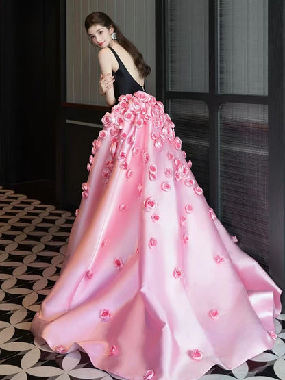 Sexy Mermaid Straps Black Satin Long Prom Dresses With Pink Flowers Party Dress Birthday Outfits Graduation Dress AU181