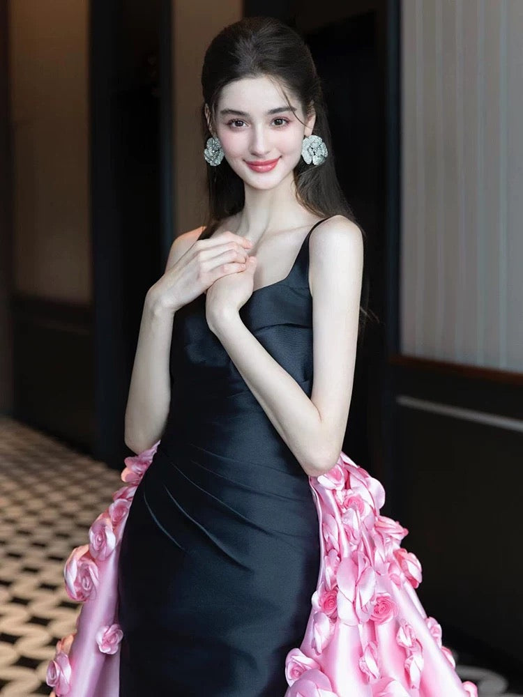 Sexy Mermaid Straps Black Satin Long Prom Dresses With Pink Flowers Party Dress Birthday Outfits Graduation Dress AU181