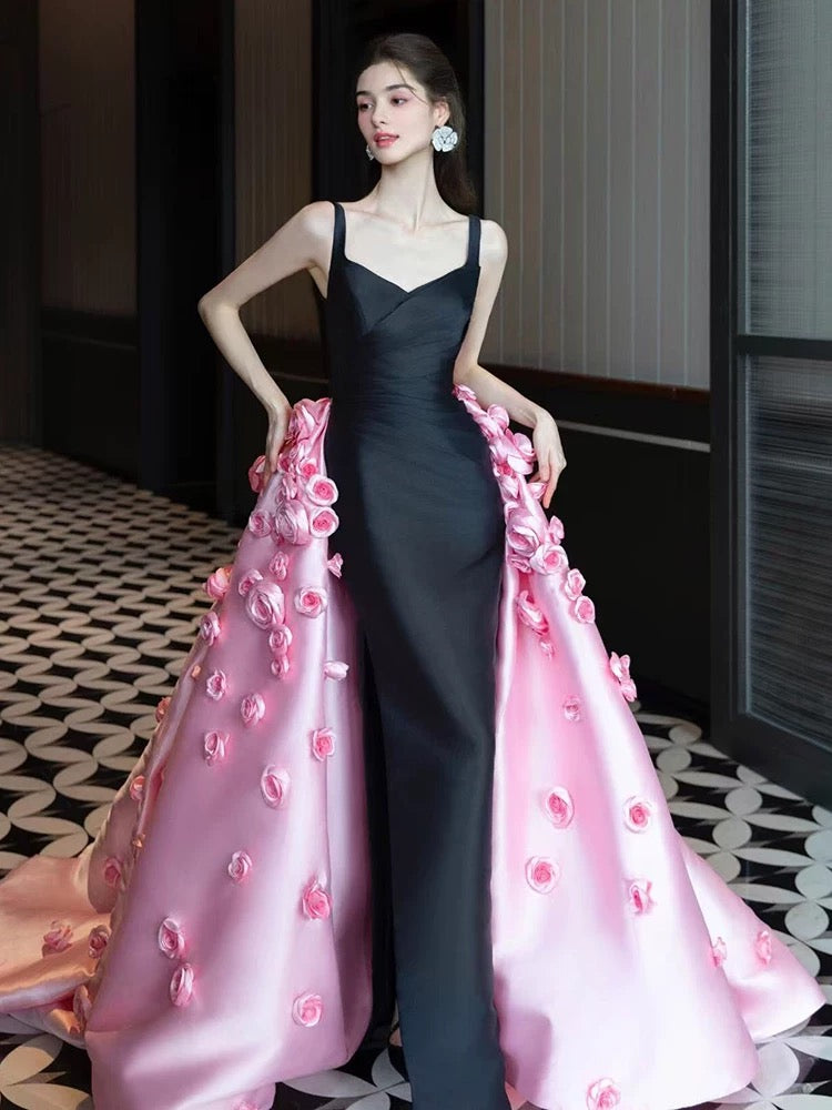 Sexy Mermaid Straps Black Satin Long Prom Dresses With Pink Flowers Party Dress Birthday Outfits Graduation Dress AU181