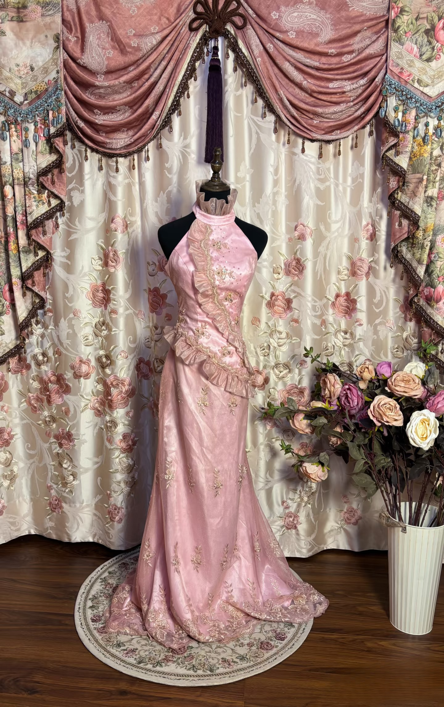 Retro Prom Dresses Mermaid High Neck Pink Sleeveless Lace 90s Prom Gowns AU181
