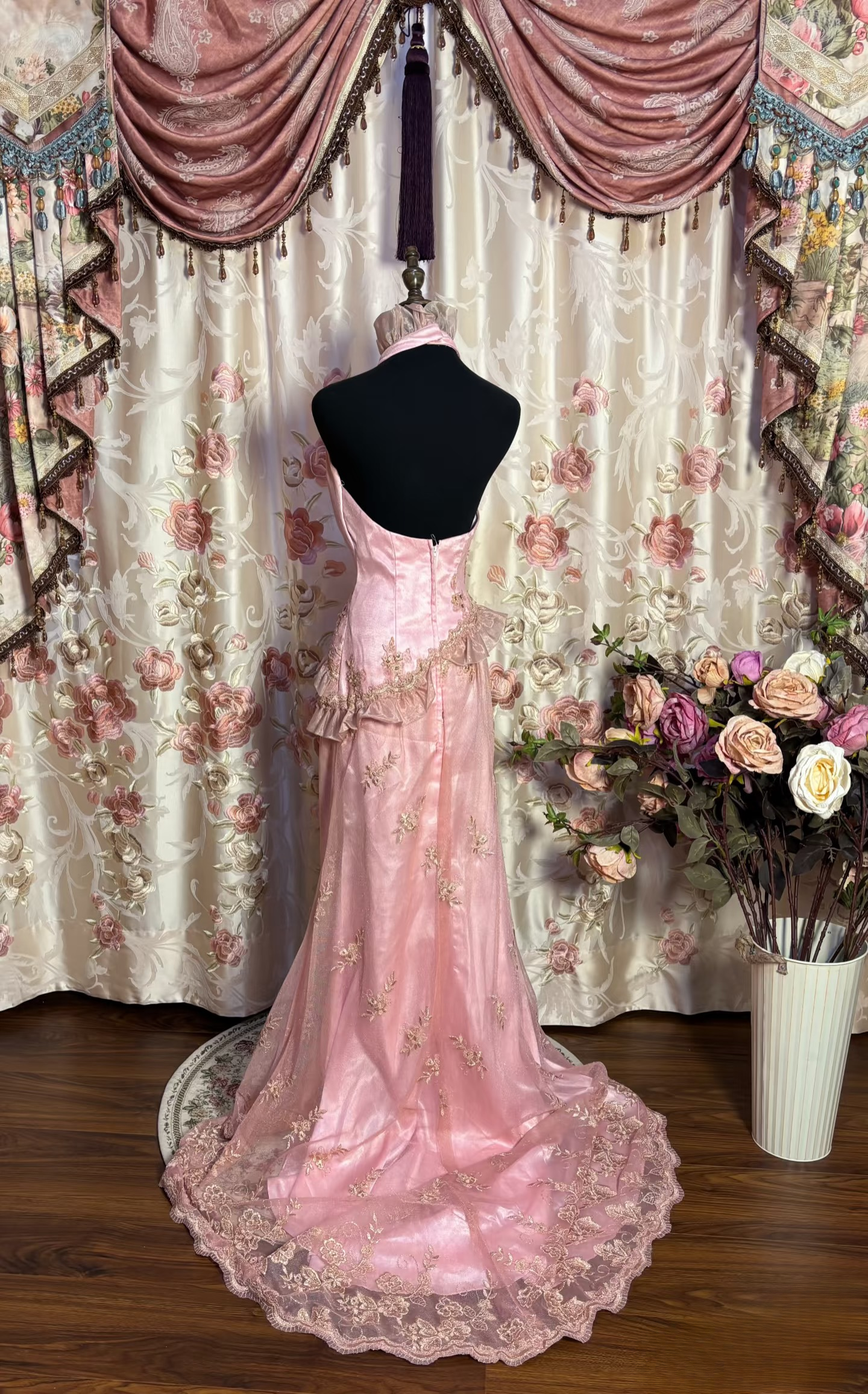 Retro Prom Dresses Mermaid High Neck Pink Sleeveless Lace 90s Prom Gowns AU181