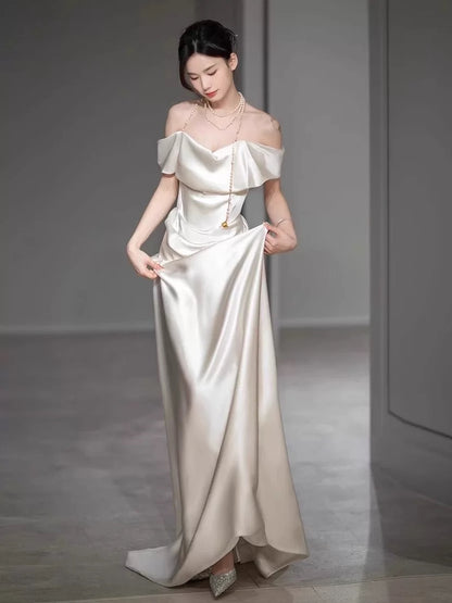 Simple Mermaid Off The Shoulder Satin Wedding Dress With Sleeves Fairytale Autumn Wedding Dresses AU183