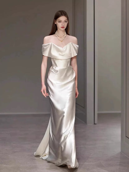 Simple Mermaid Off The Shoulder Satin Wedding Dress With Sleeves Fairytale Autumn Wedding Dresses AU183