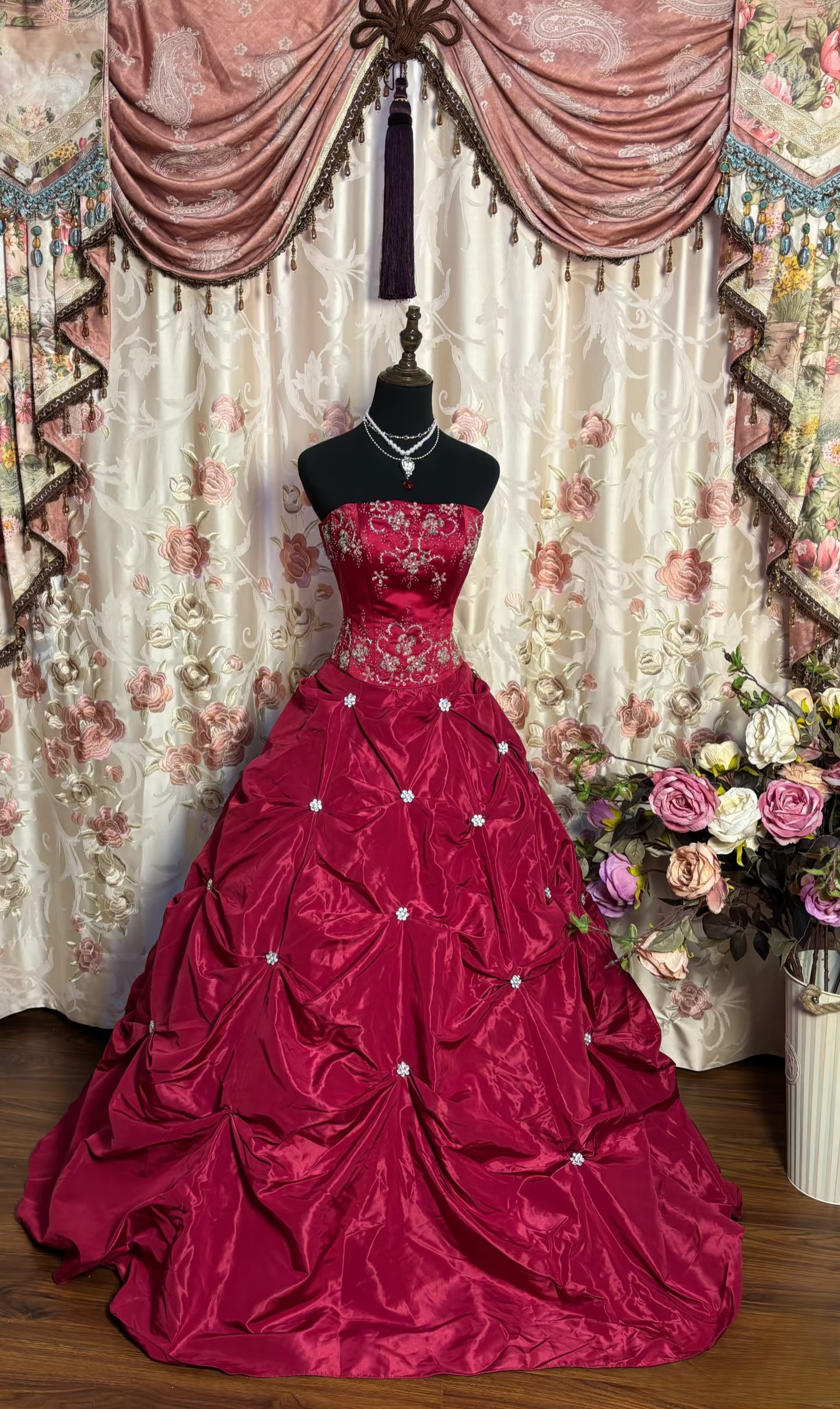 Retro Ball Gown Strapless Red Long Prom Dresses 80s 70s Prom Gowns AU183