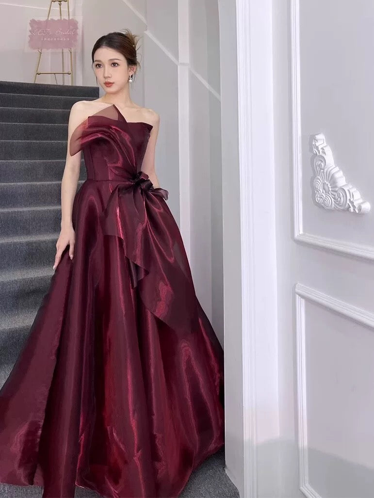 Elegant Ball Gown Strapless Sleeveless Burgundy Floor Length Prom Dress Inspiration Ideas Prom Inspo Dresses Graduation Dress AU184