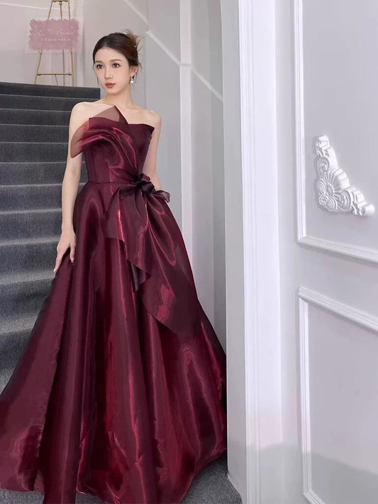 Elegant Ball Gown Strapless Sleeveless Burgundy Floor Length Prom Dress Inspiration Ideas Prom Inspo Dresses Graduation Dress AU184