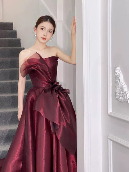 Elegant Ball Gown Strapless Sleeveless Burgundy Floor Length Prom Dress Inspiration Ideas Prom Inspo Dresses Graduation Dress AU184