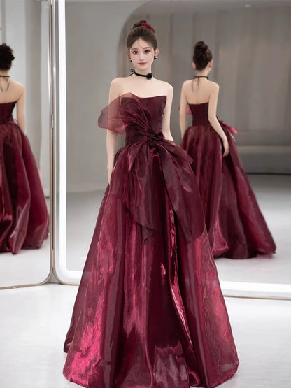 Elegant Ball Gown Strapless Sleeveless Burgundy Floor Length Prom Dress Inspiration Ideas Prom Inspo Dresses Graduation Dress AU184