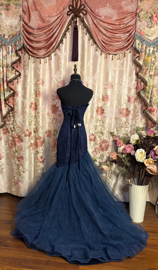Retro Prom Dresses Mermaid Sweetheart Vintage Fashion Inspiration Navy Blue Tulle Long Prom Dresses Party Dress Prom Gowns AU184