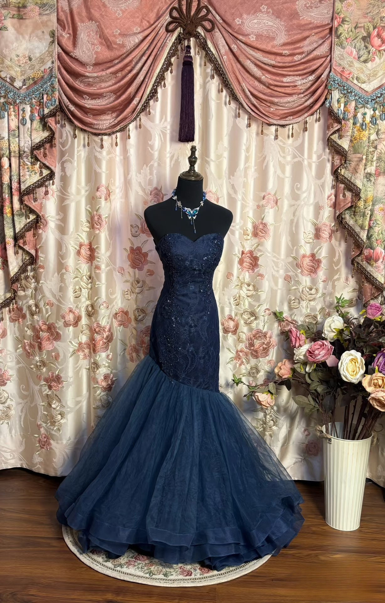 Retro Prom Dresses Mermaid Sweetheart Vintage Fashion Inspiration Navy Blue Tulle Long Prom Dresses Party Dress Prom Gowns AU184