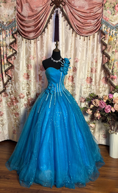 Charming Ball Gown One Shoulder Blue Tulle Beaded Long Quinceanera Dress Sweet 15 16 Dresses AU185