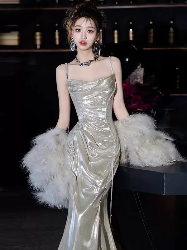 Sexy Mermaid Spaghetti Straps Sequin Long Prom Dresses With Beads Party Dress Birthday Outfits Graduation Dress AU186