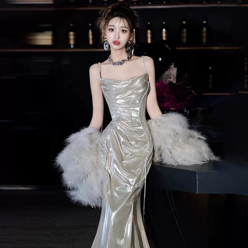 Sexy Mermaid Spaghetti Straps Sequin Long Prom Dresses With Beads Party Dress Birthday Outfits Graduation Dress AU186