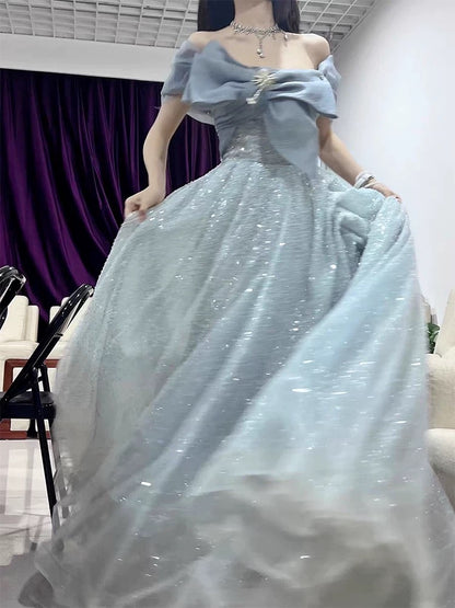 Beautiful Ball Gown Off The Shoulder Gray Sequin Prom Dress Inspiration Long Party Formal Prom Dresses AU187