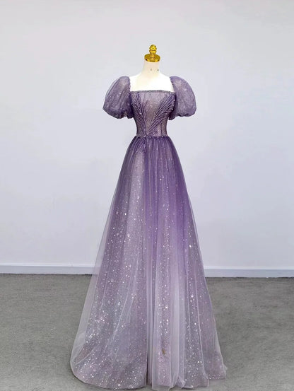 Glitter A Line Square Neck Purple Sequined Prom Dresses Long Evening Party Formal Outfits RB6619