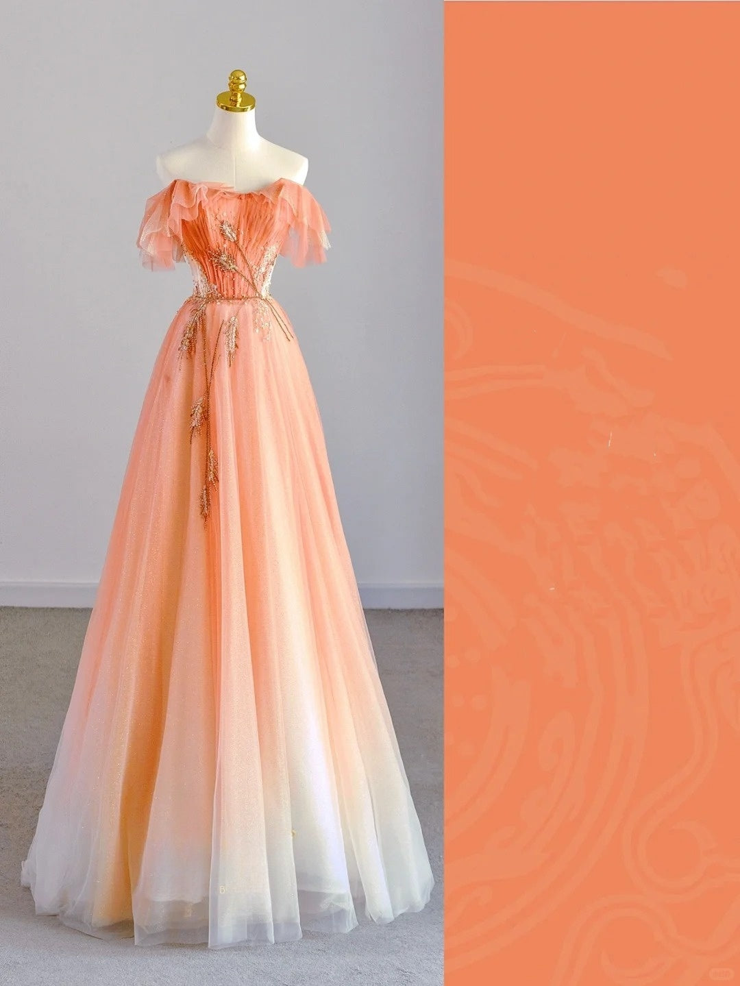 Cute A Line Off The Shoulder Orange Tulle Prom Dresses Long Evening Party Formal Outfits RB6620