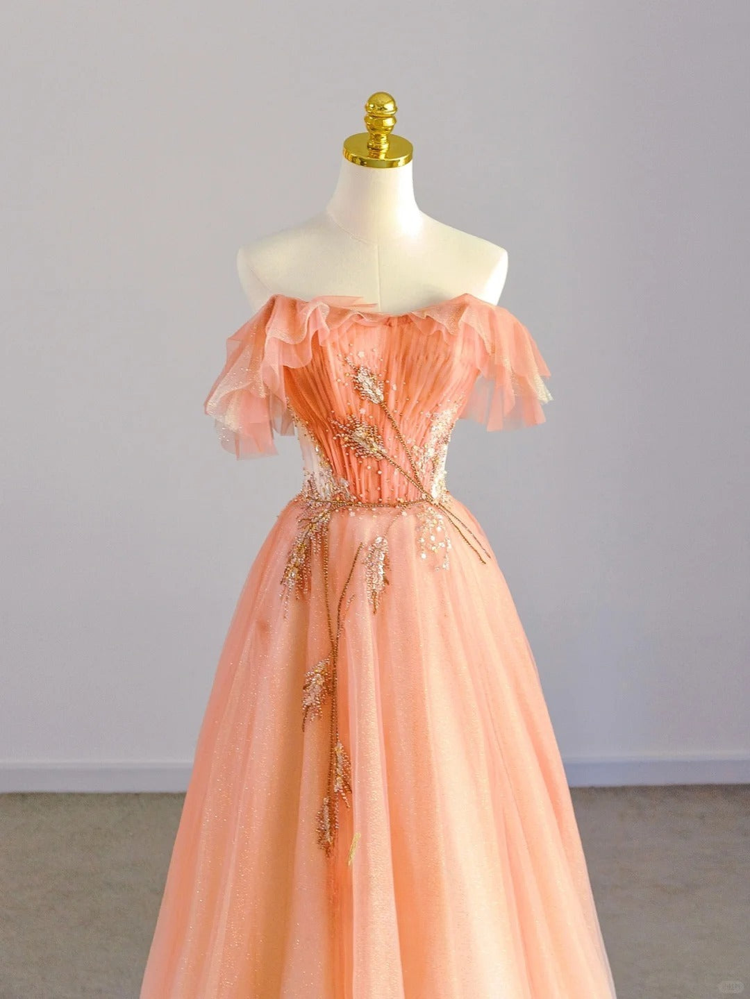 Cute A Line Off The Shoulder Orange Tulle Prom Dresses Long Evening Party Formal Outfits RB6620