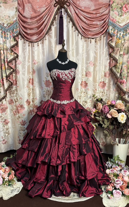 Retro Ball Gown Strapless Wine Red Burgundy Taffeta Long Prom Dresses 80s 70s Prom Gowns AU190