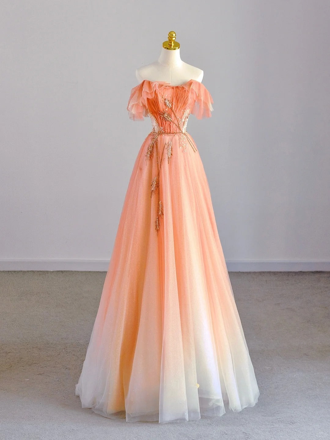 Cute A Line Off The Shoulder Orange Tulle Prom Dresses Long Evening Party Formal Outfits RB6620