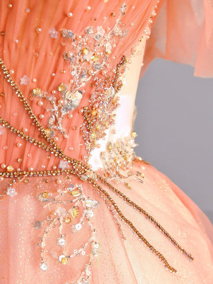 Cute A Line Off The Shoulder Orange Tulle Prom Dresses Long Evening Party Formal Outfits RB6620