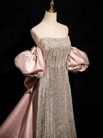 Sexy A Line Strapless Sequin Long Prom Dresses With Sleeves Party Dress Birthday Outfits Graduation Dress AU191