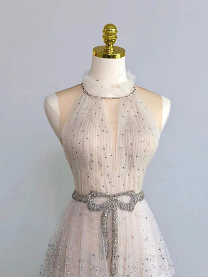 Sparkly A Line Scoop Champagne With Beading Tulle Prom Dresses Long Evening Party Formal Outfits RB6621