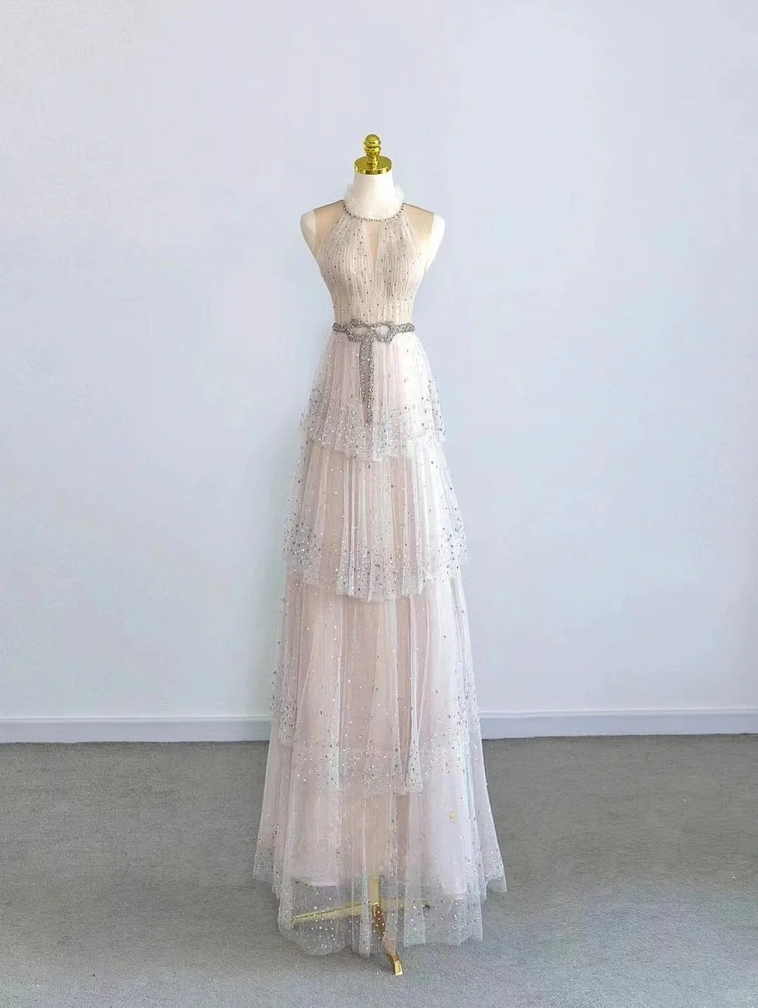 Sparkly A Line Scoop Champagne With Beading Tulle Prom Dresses Long Evening Party Formal Outfits RB6621
