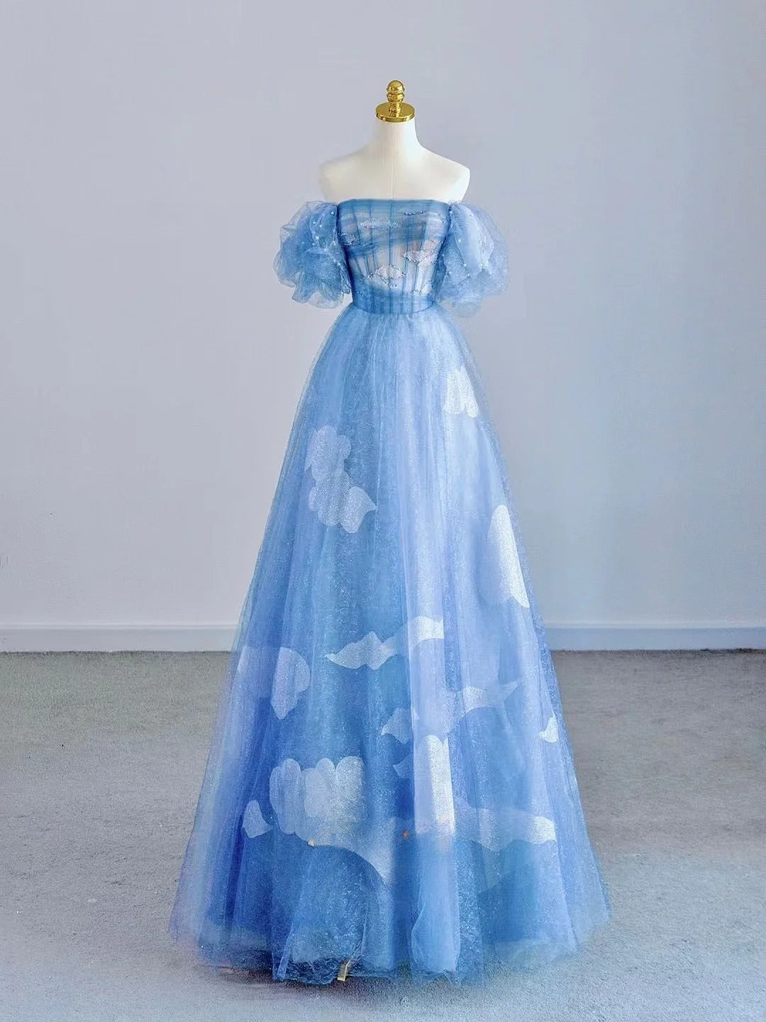Pretty A line Off The Shoulder Blue Tulle With Sleeves Prom Dresses Long Evening Party Formal Outfits RB6622