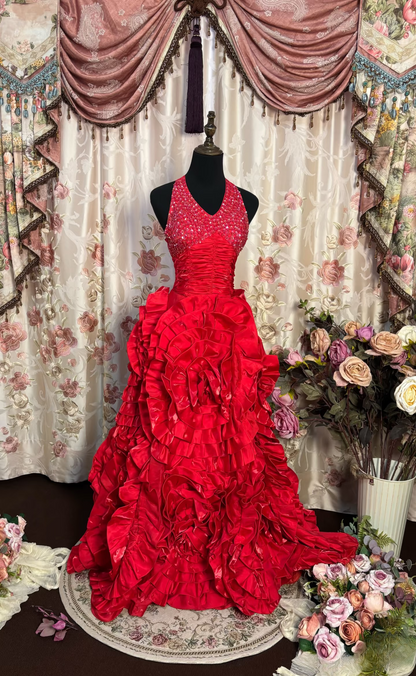 Retro Ball Gown Halter Red Satin With Silver Beads Long Prom Dresses 80s 70s Prom Gowns AU193