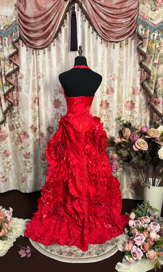 Retro Ball Gown Halter Red Satin With Silver Beads Long Prom Dresses 80s 70s Prom Gowns AU193