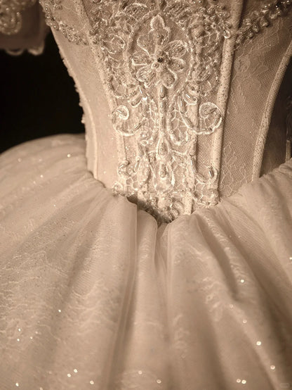Fairy-tale Ball Gown Sweetheart With Half Sleeves Pearls Tulle Brides Gown Bridal Dress Wedding Dresses Style RB6624