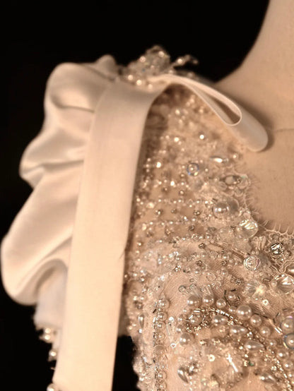 Fairy-tale Ball Gown V Neckline With Half Sleeves Pearls Lace Tulle Brides Gown Bridal Dress Wedding Dresses Style RB6625