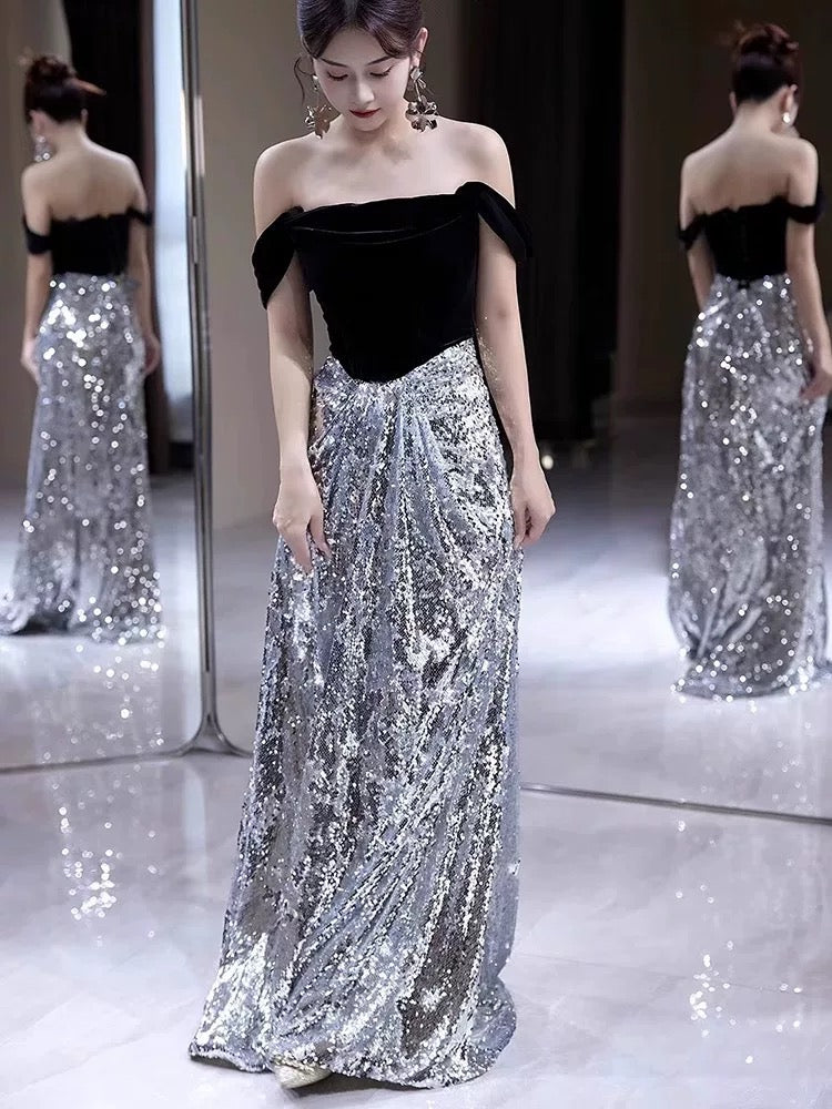 Sexy A Line Off The Shoulder Silver Sequin Long Prom Dresses With Sleeves Party Dress Birthday Outfits Graduation Dress AU196