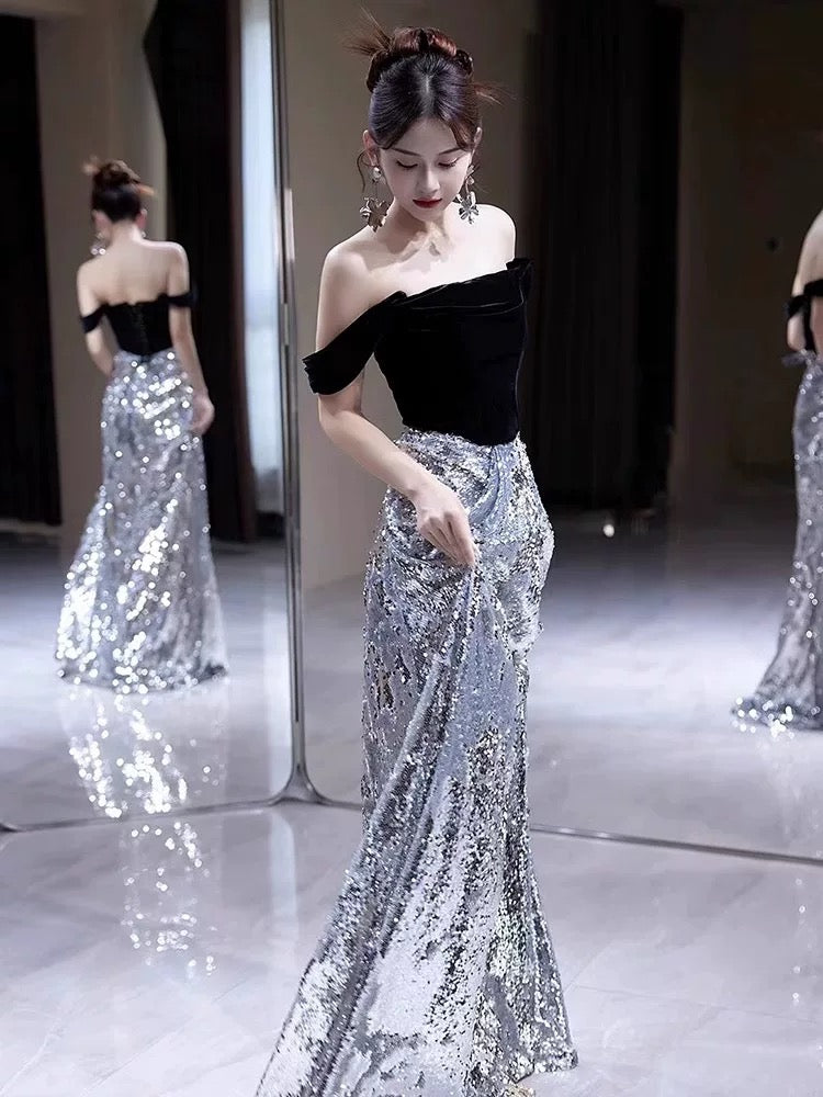 Sexy A Line Off The Shoulder Silver Sequin Long Prom Dresses With Sleeves Party Dress Birthday Outfits Graduation Dress AU196