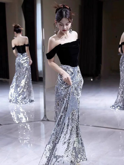 Sexy A Line Off The Shoulder Silver Sequin Long Prom Dresses With Sleeves Party Dress Birthday Outfits Graduation Dress AU196