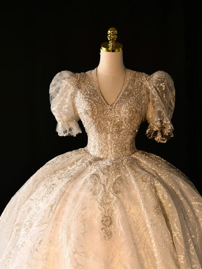 Fairy-tale Ball Gown V Neckline With Half Sleeves Pearls Sequined Long Brides Gown Bridal Dress Wedding Dresses Style RB6626