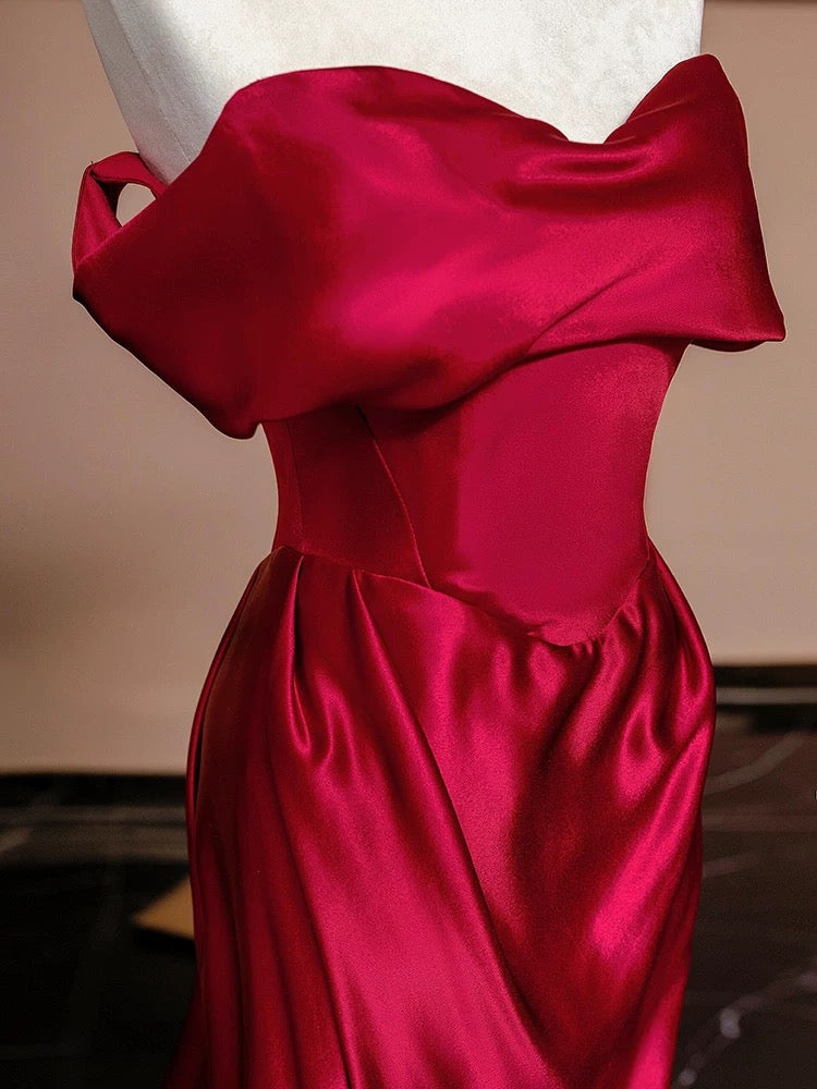 Modest Mermaid Off The Shoulder Red Satin Long Prom Dresses With Sleeves Party Dress Birthday Outfits Graduation Dress AU197