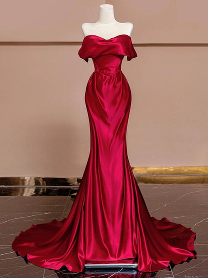 Modest Mermaid Off The Shoulder Red Satin Long Prom Dresses With Sleeves Party Dress Birthday Outfits Graduation Dress AU197
