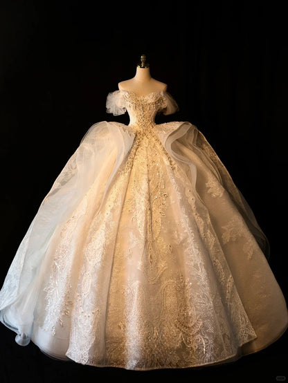 Fairy-tale Ball Gown Off The Shoulder With Half Sleeves Pearls Sequined Long Brides Gown Bridal Dress Wedding Dresses Style RB6627