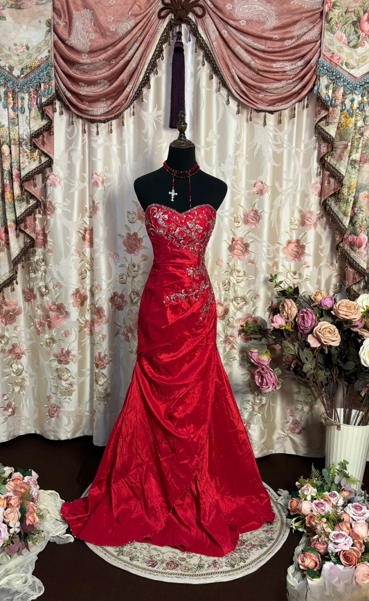 Retro Prom Dresses Mermaid Sweetheart Vintage Fashion Inspiration Red Tulle Long Prom Dresses Party Dress Prom Gowns AU197